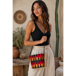 Vintage Artisan Wood Tile Bucket Bag Boho Tribal Bali Style Crossbody Statement